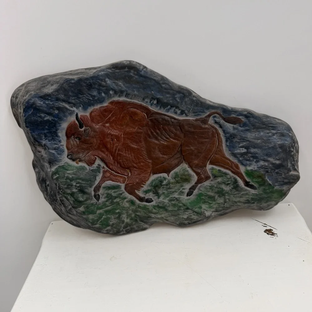 VTG Painted Buffalo Bison Relief Wall Plaque 9x5 Hand Painted Plaster Art Decor